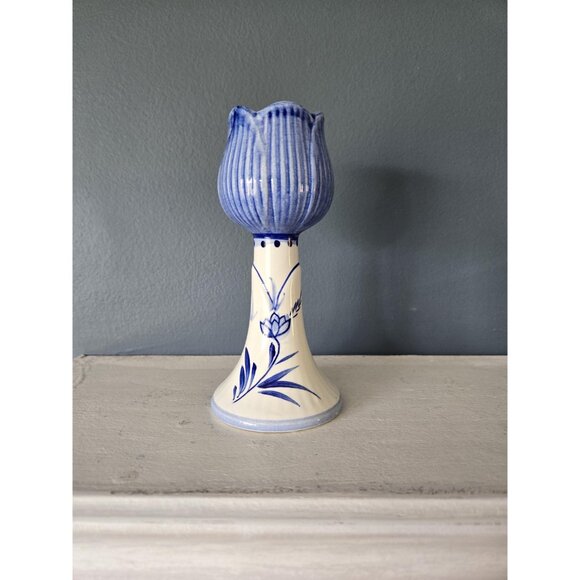 Delft Blue Tulip Candleholder Vintage Floral Dutch Blue & White Porcelain China - Picture 3 of 10